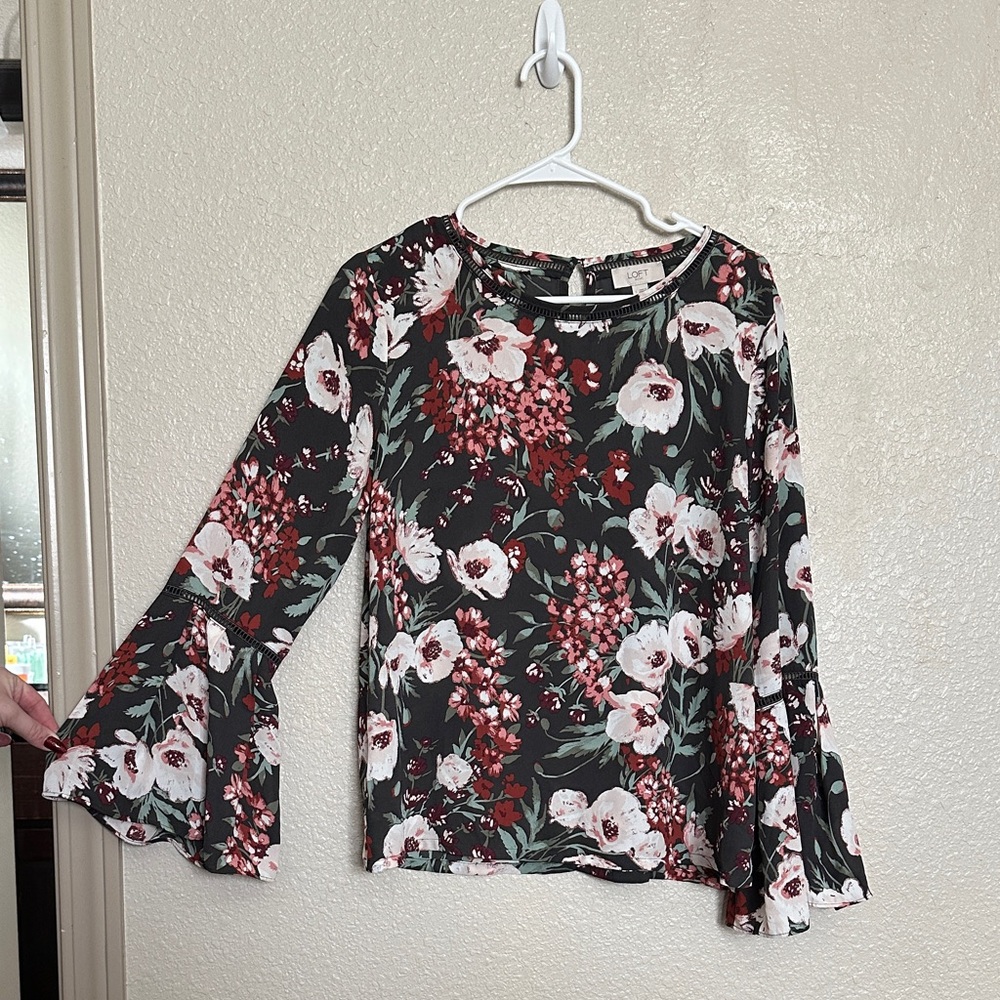 LOFT Floral Bell Sleeve Blouse - Black and Red